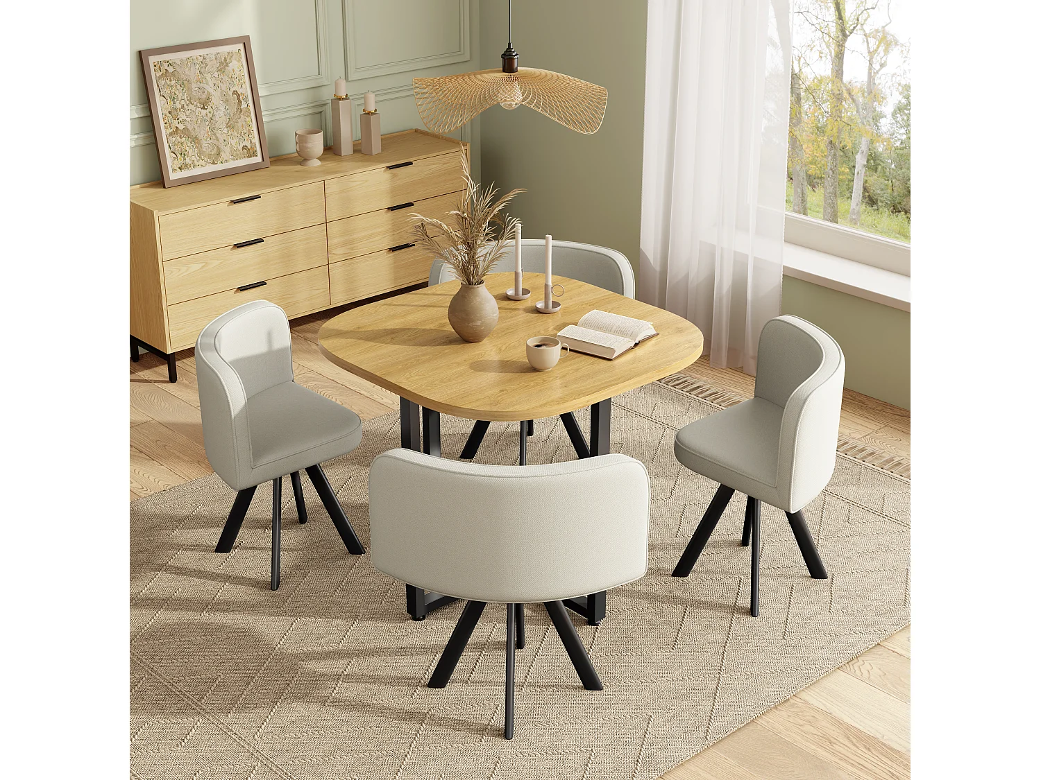 Ensemble table et chaises 5 pièces - avec 1 table (85 x 85 cm) + 4 chaises - Lin + MDF - beige + naturel