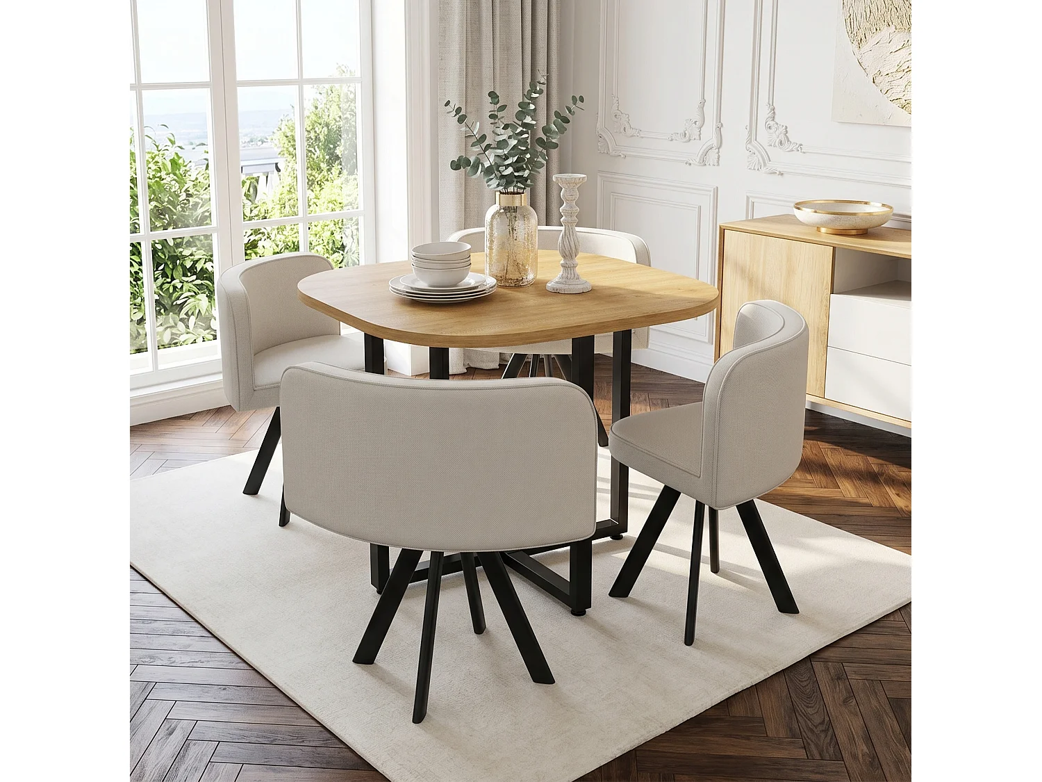 Ensemble table et chaises 5 pièces - avec 1 table (85 x 85 cm) + 4 chaises - Lin + MDF - beige + naturel