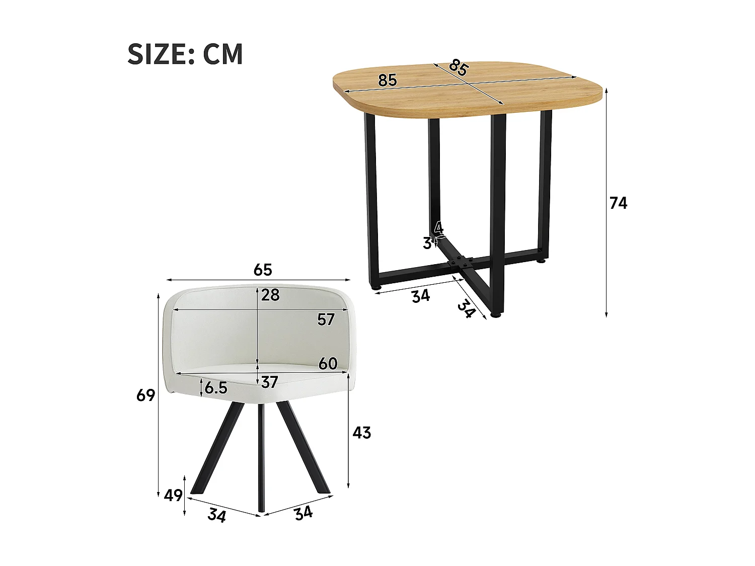 Ensemble table et chaises 5 pièces - avec 1 table (85 x 85 cm) + 4 chaises - Lin + MDF - beige + naturel