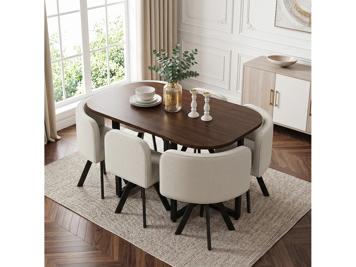 Ensemble table et chaises 7 pièces - avec 1 table (140 x 90 cm) + 6 chaises - Lin + MDF - beige + marron