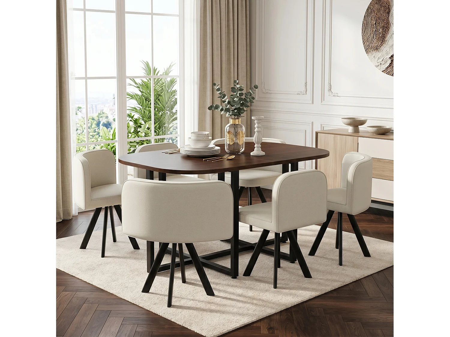 Ensemble table et chaises 7 pièces - avec 1 table (140 x 90 cm) + 6 chaises - Lin + MDF - beige + marron