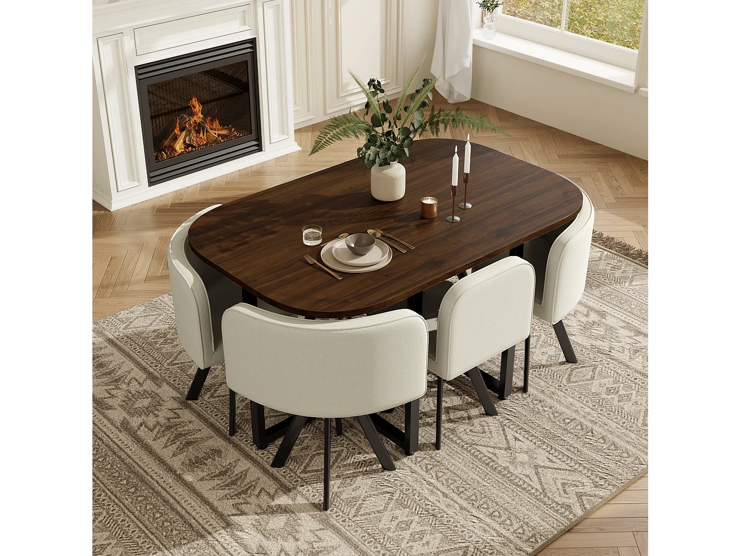 Ensemble table et chaises 7 pièces - avec 1 table (140 x 90 cm) + 6 chaises - Lin + MDF - beige + marron