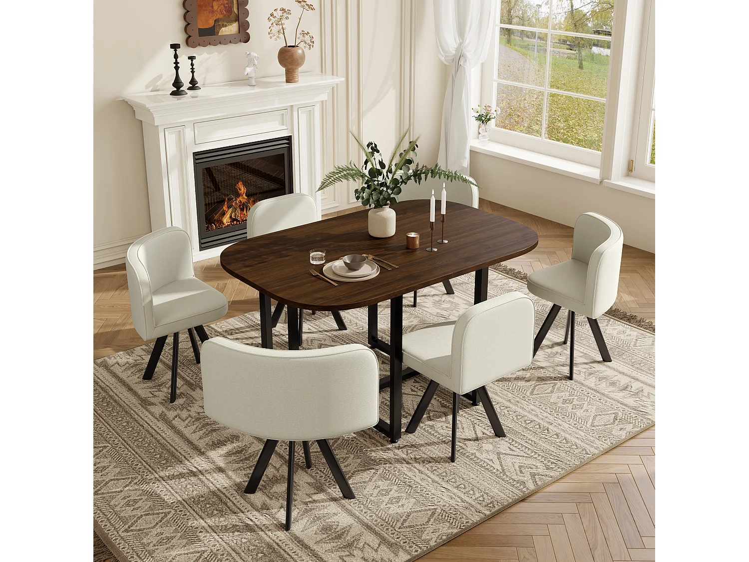 Ensemble table et chaises 7 pièces - avec 1 table (140 x 90 cm) + 6 chaises - Lin + MDF - beige + marron