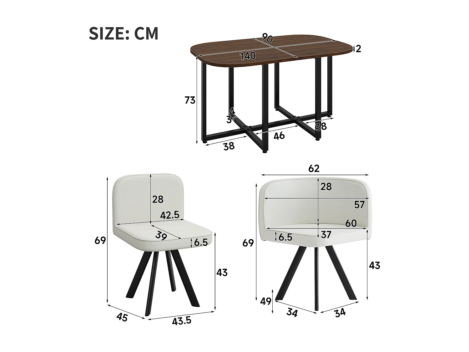 Ensemble table et chaises 7 pièces - avec 1 table (140 x 90 cm) + 6 chaises - Lin + MDF - beige + marron