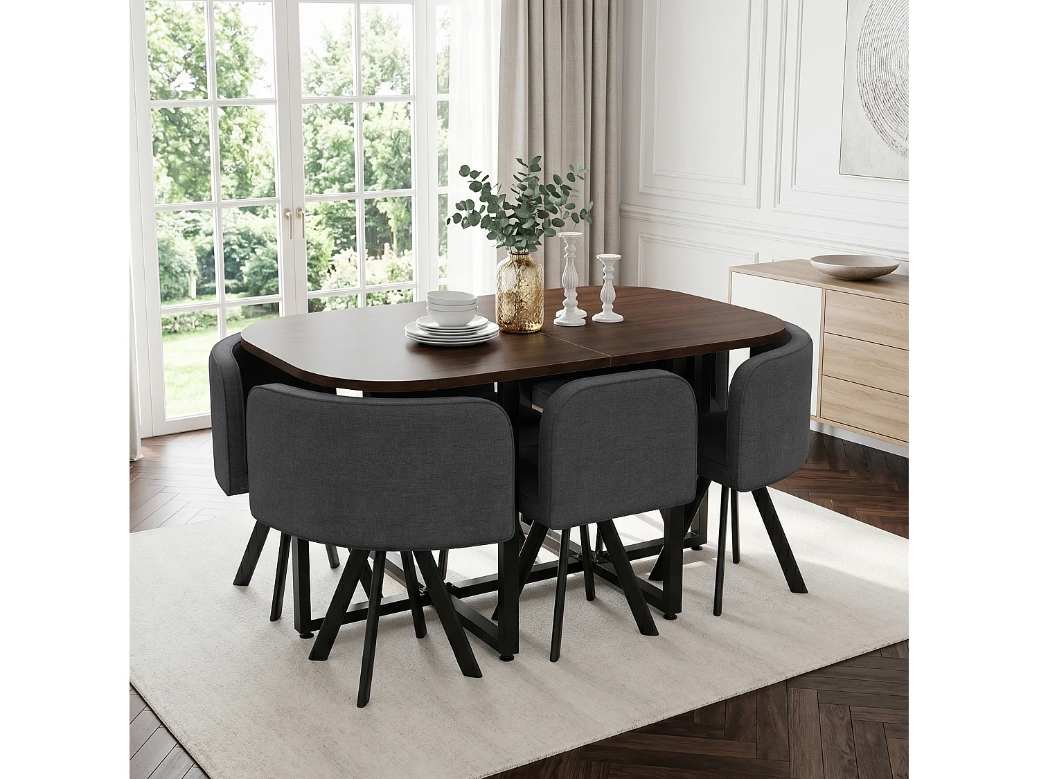 Ensemble table et chaises 7 pièces - avec 1 table (140 x 90 cm) + 6 chaises - Lin + MDF - gris + marron