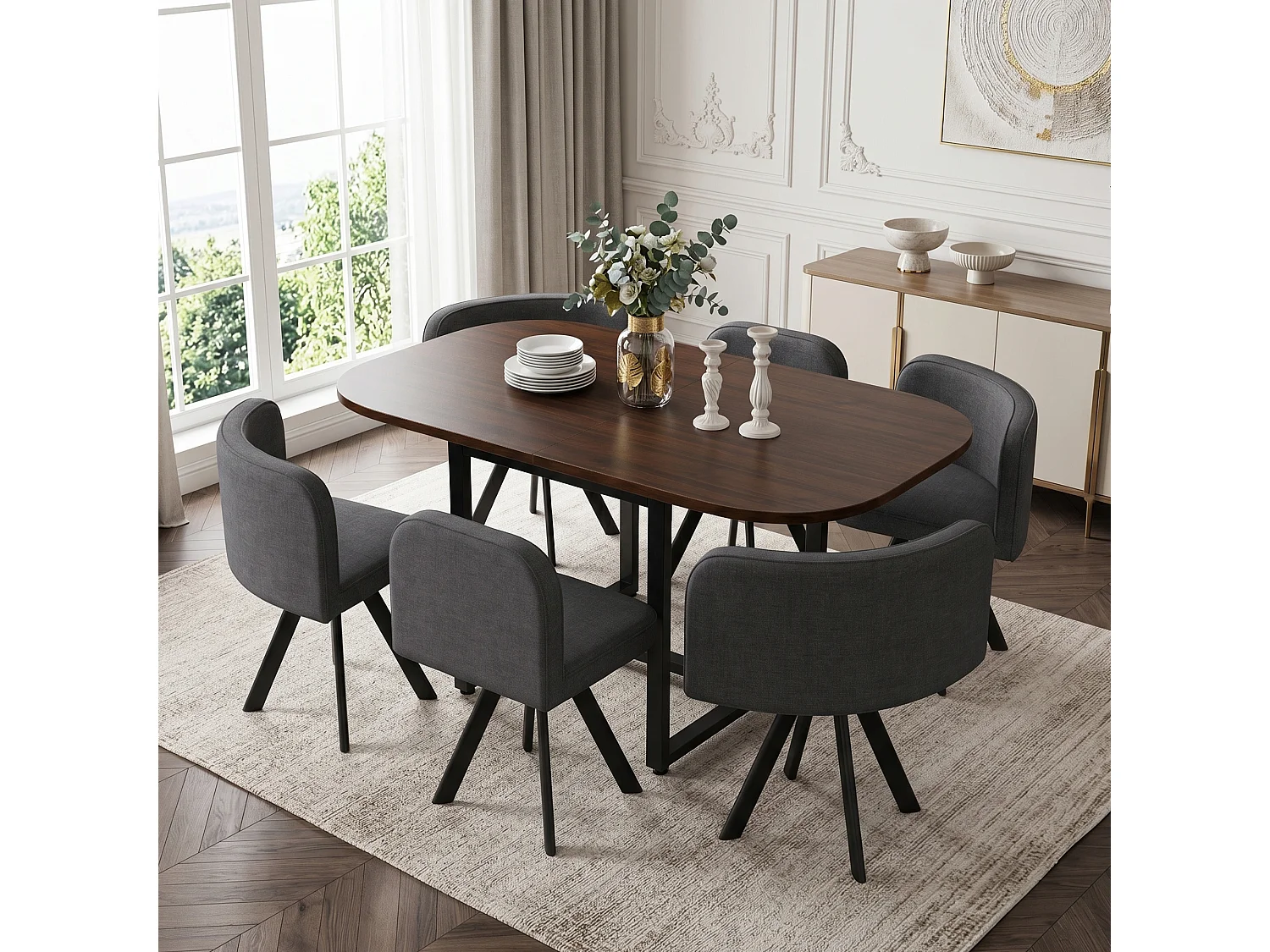 Ensemble table et chaises 7 pièces - avec 1 table (140 x 90 cm) + 6 chaises - Lin + MDF - gris + marron