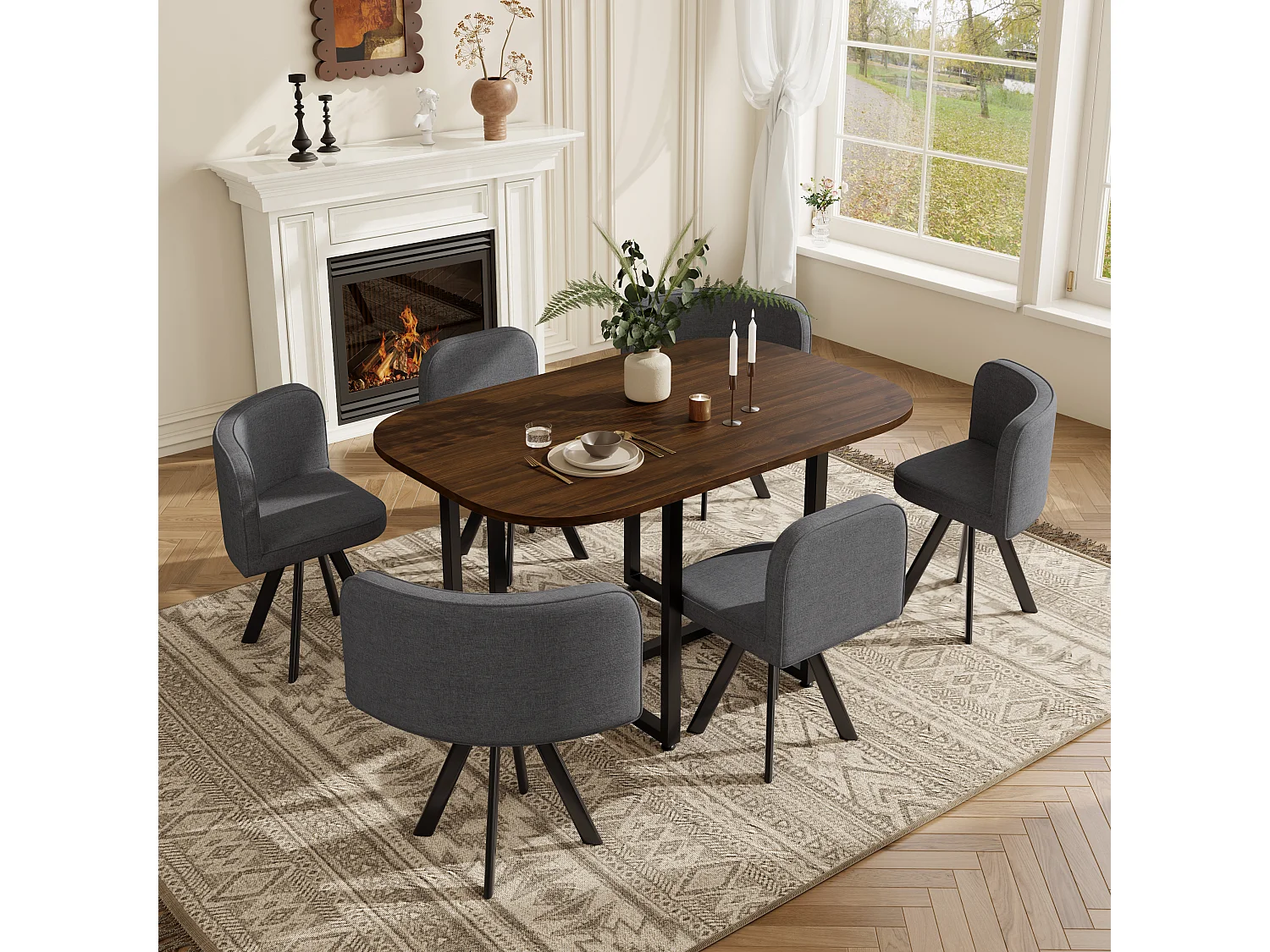 Ensemble table et chaises 7 pièces - avec 1 table (140 x 90 cm) + 6 chaises - Lin + MDF - gris + marron