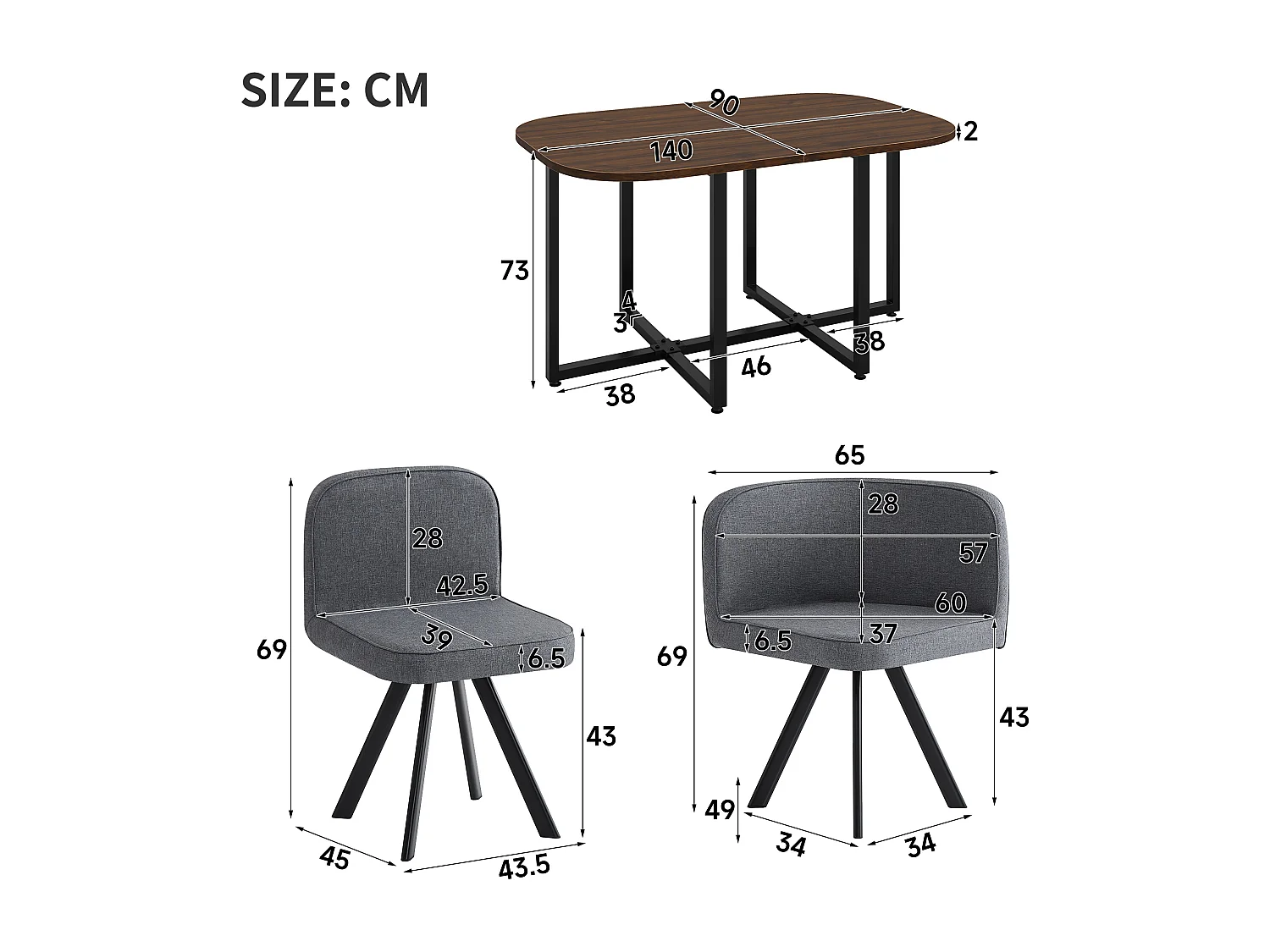 Ensemble table et chaises 7 pièces - avec 1 table (140 x 90 cm) + 6 chaises - Lin + MDF - gris + marron