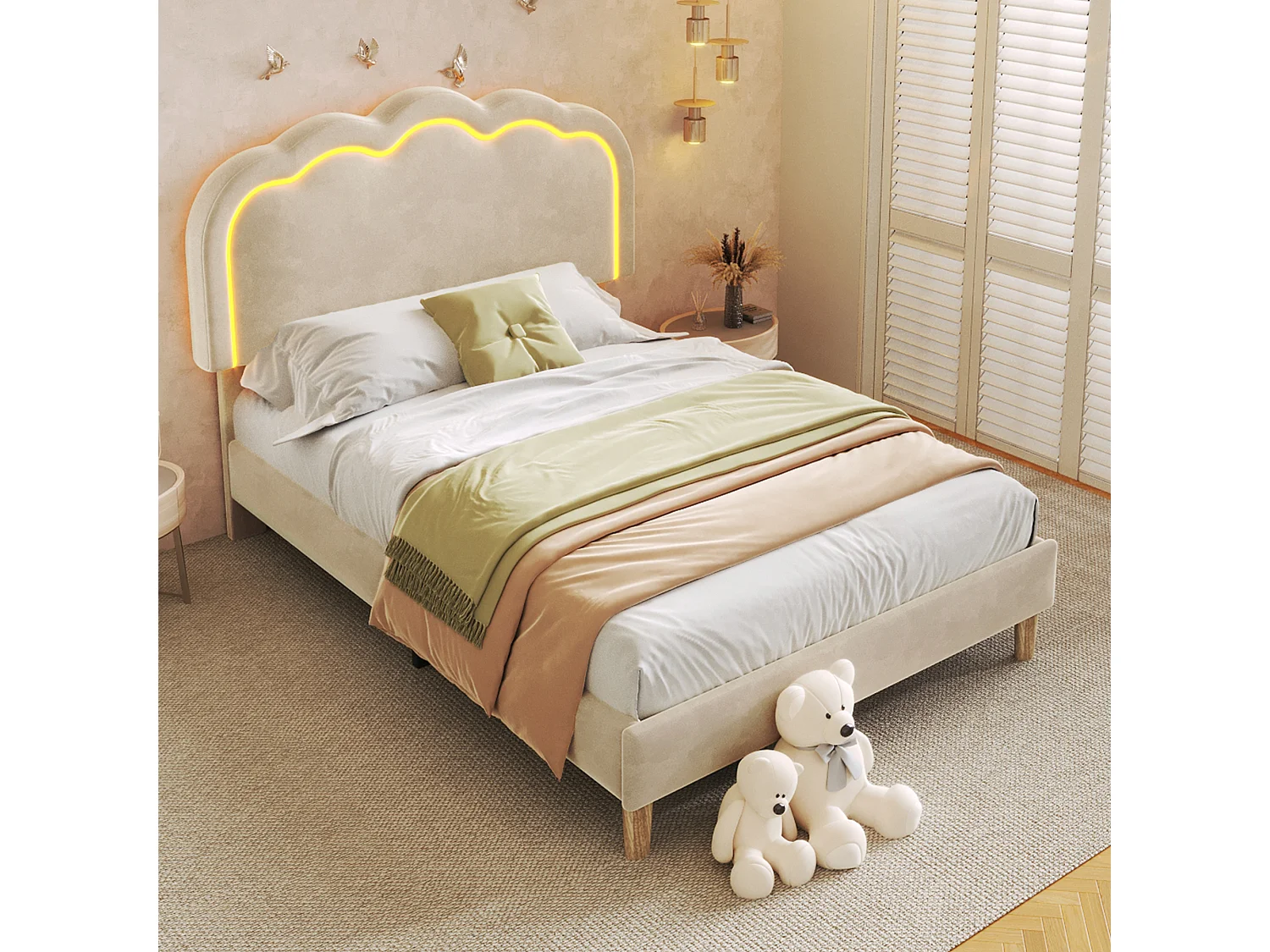 Upholstered children's bed - 90 x 190 cm - with adjustable headboard + LEDs - velvet - beige