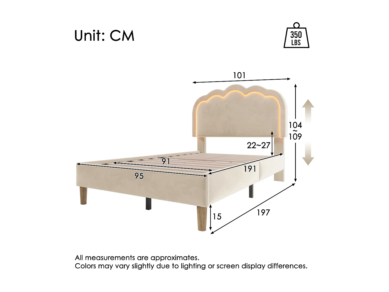 Upholstered children's bed - 90 x 190 cm - with adjustable headboard + LEDs - velvet - beige