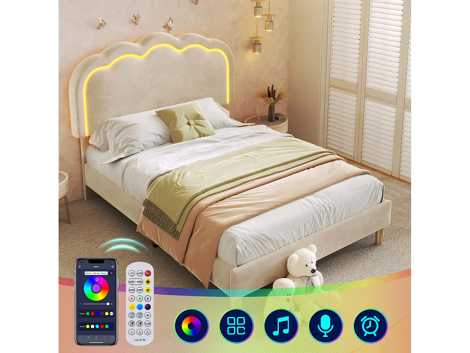 Upholstered children's bed - 90 x 190 cm - with adjustable headboard + LEDs - velvet - beige