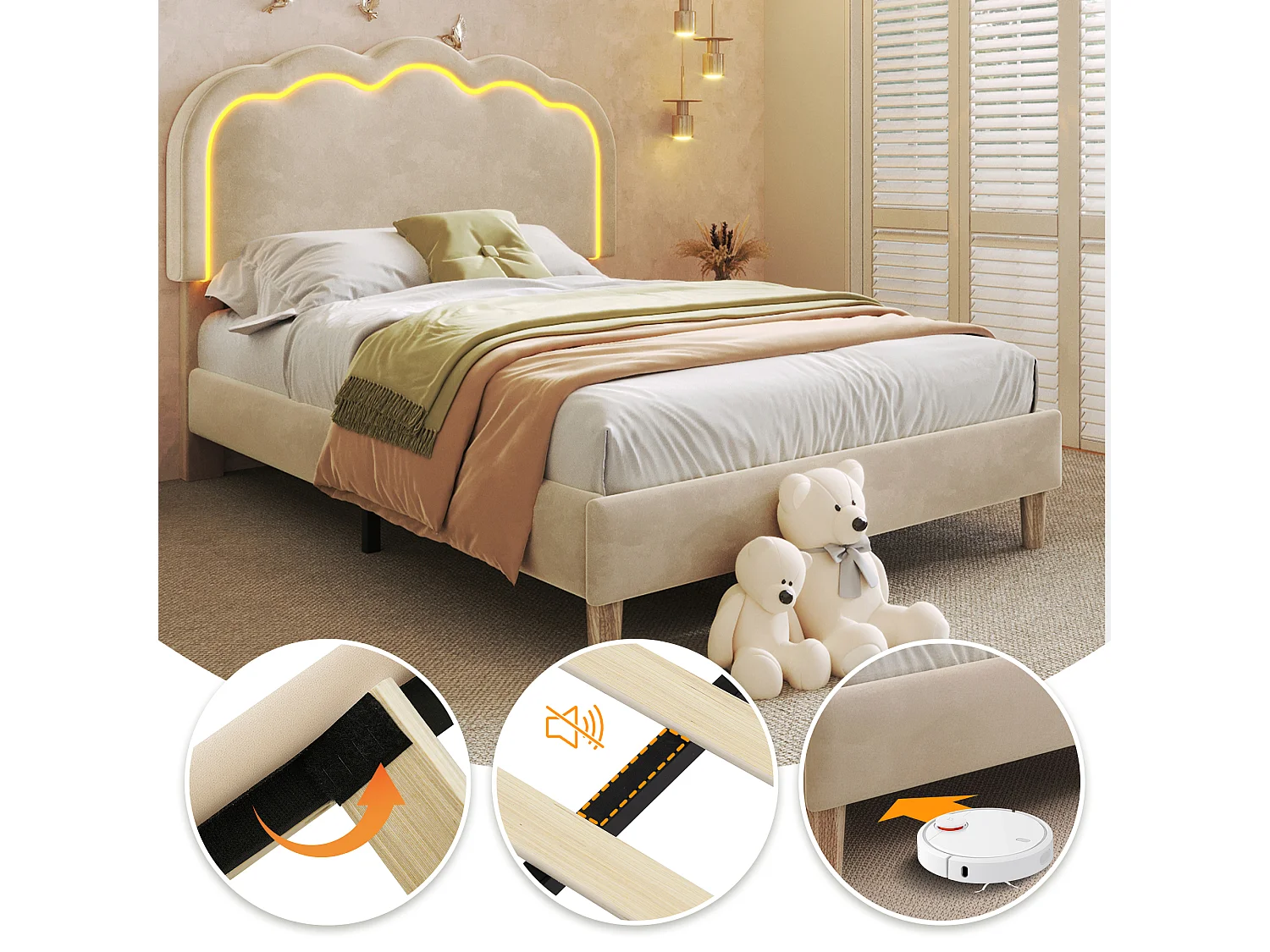 Upholstered children's bed - 90 x 190 cm - with adjustable headboard + LEDs - velvet - beige