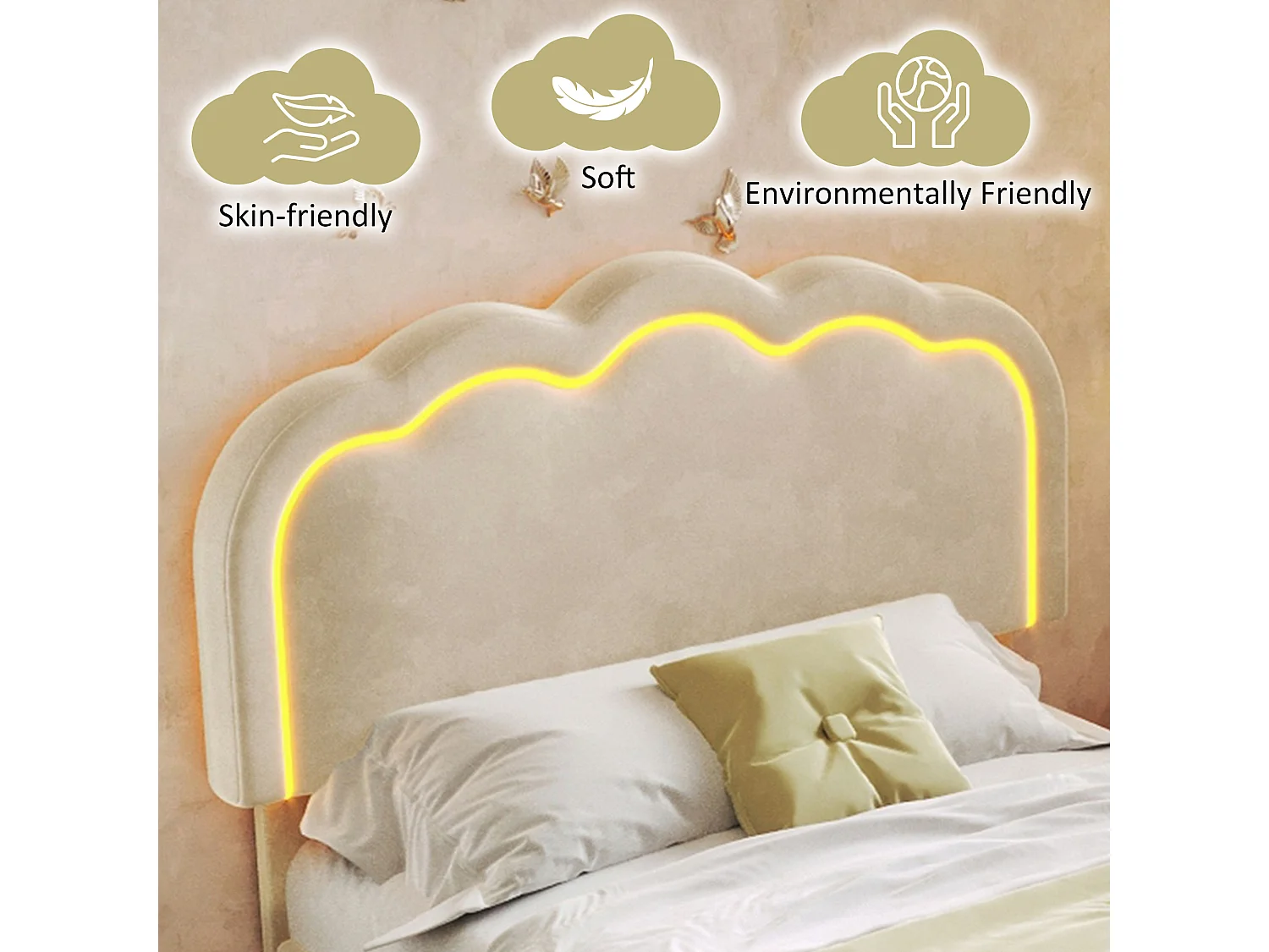 Upholstered children's bed - 90 x 190 cm - with adjustable headboard + LEDs - velvet - beige