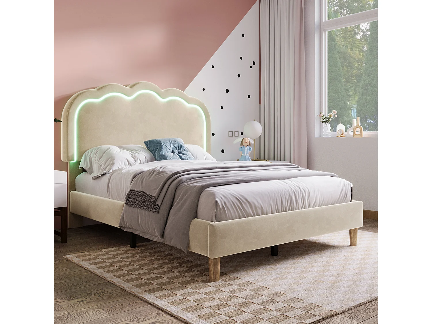 Upholstered children's bed - 90 x 190 cm - with adjustable headboard + LEDs - velvet - beige
