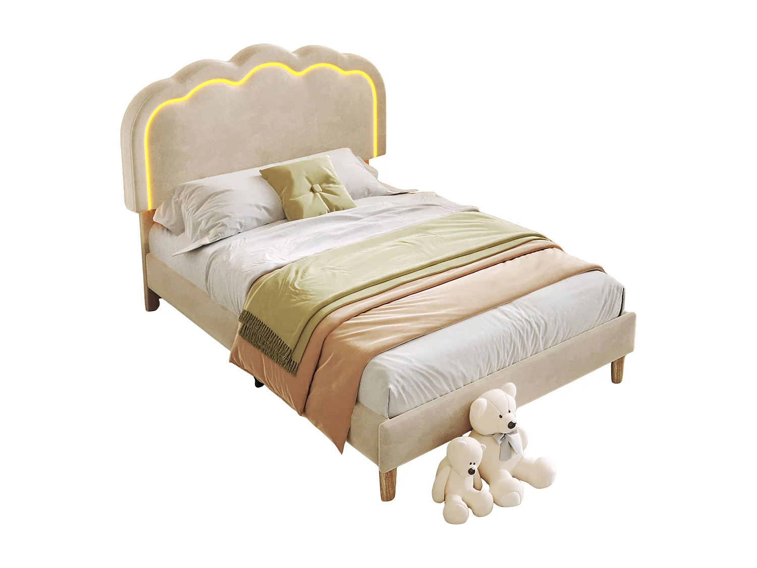 Upholstered children's bed - 90 x 190 cm - with adjustable headboard + LEDs - velvet - beige