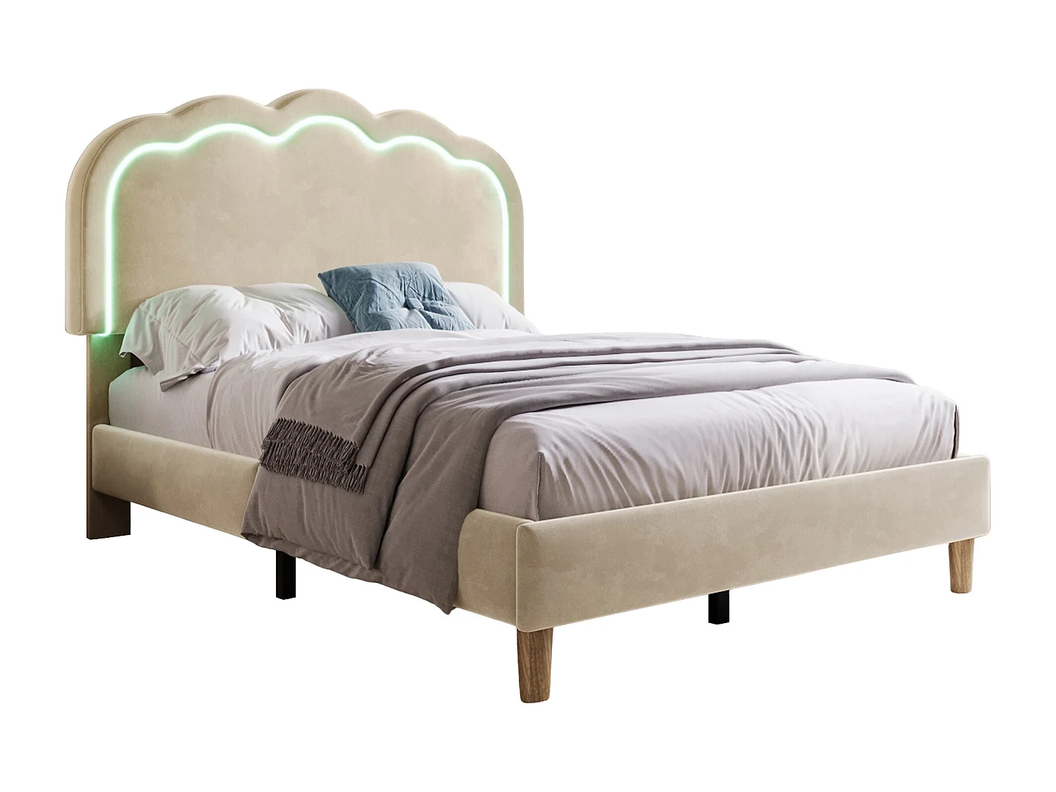 Upholstered children's bed - 90 x 190 cm - with adjustable headboard + LEDs - velvet - beige