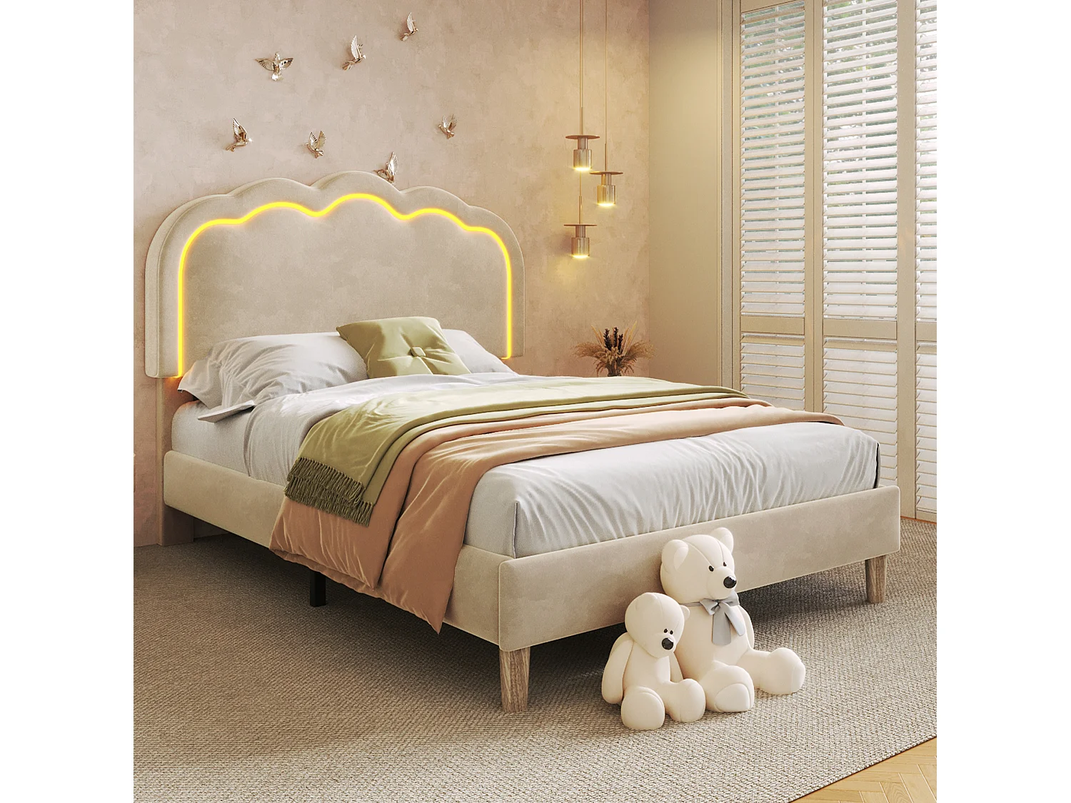 Upholstered children's bed - 90 x 190 cm - with adjustable headboard + LEDs - velvet - beige
