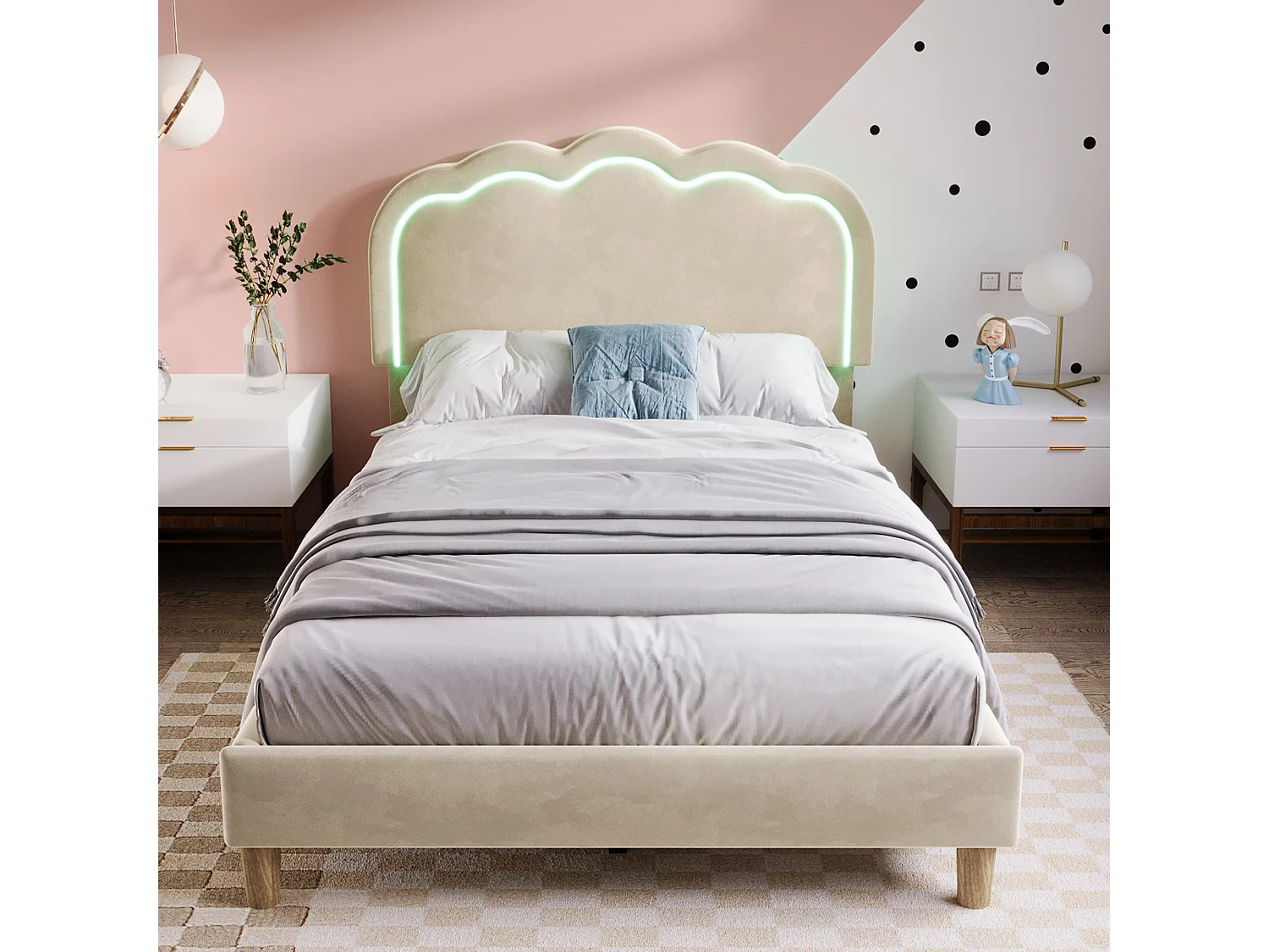 Upholstered children's bed - 90 x 190 cm - with adjustable headboard + LEDs - velvet - beige
