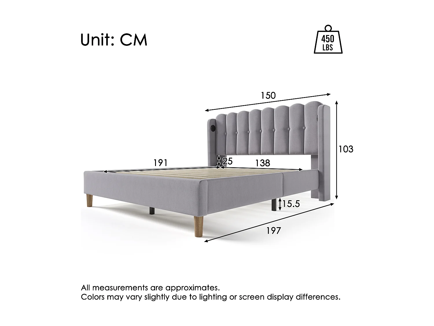 Upholstered bed - 135 x 190 cm - with headboard + USB + Type-C - linen - grey