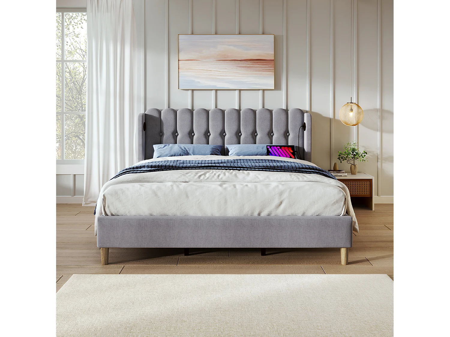 Upholstered bed - 135 x 190 cm - with headboard + USB + Type-C - linen - grey