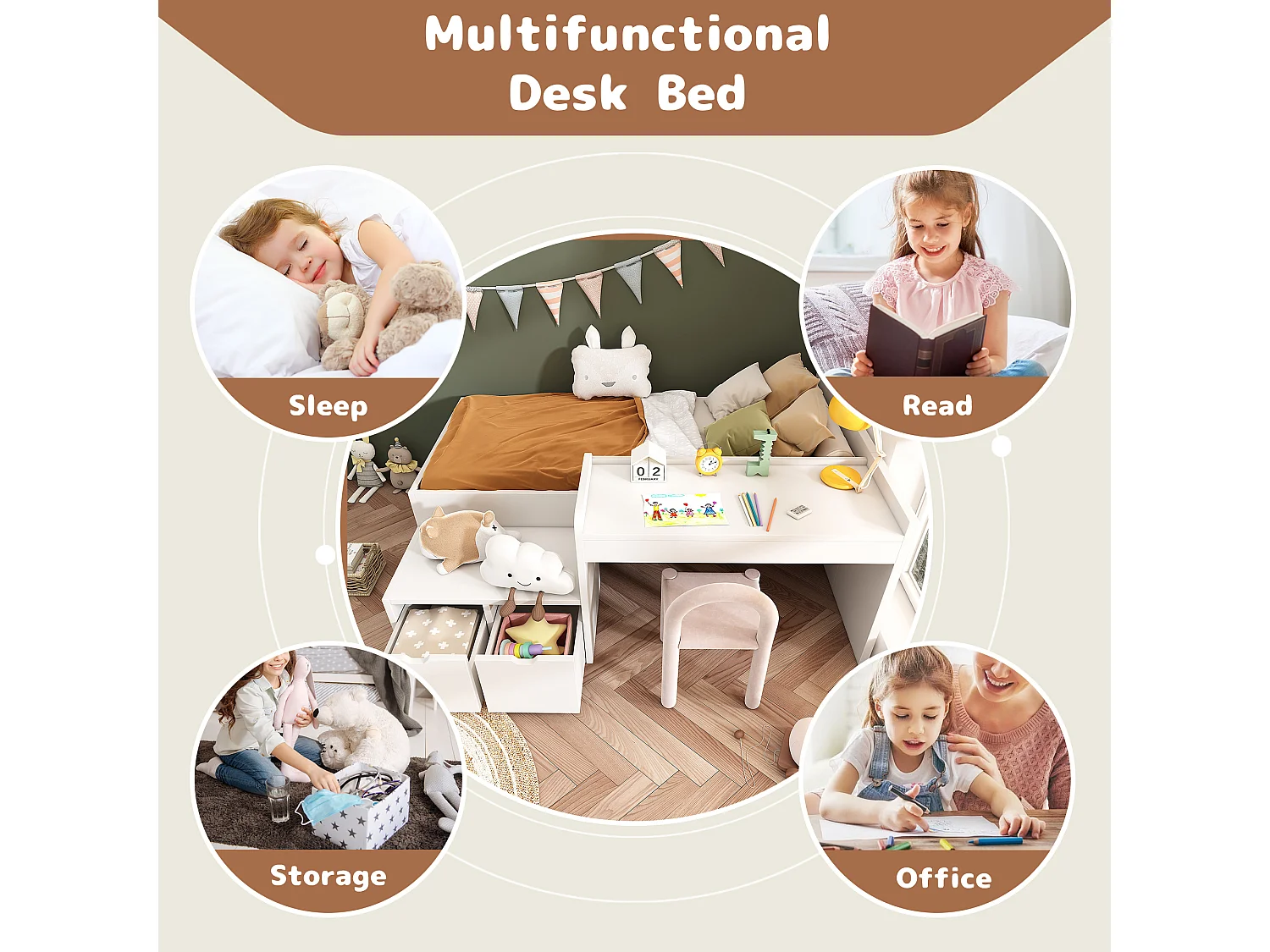 Children's single bed - 90 x 190 cm - with desk + 2 drawers + slatted base - solid wood - white