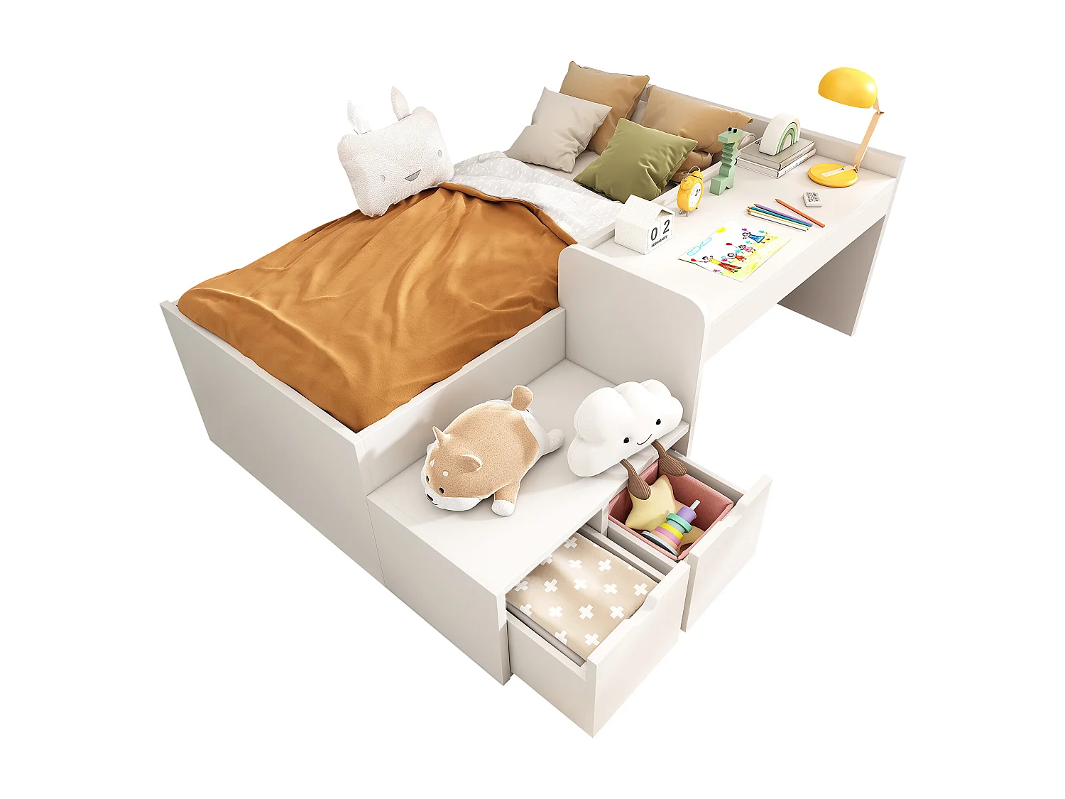 Children's single bed - 90 x 190 cm - with desk + 2 drawers + slatted base - solid wood - white