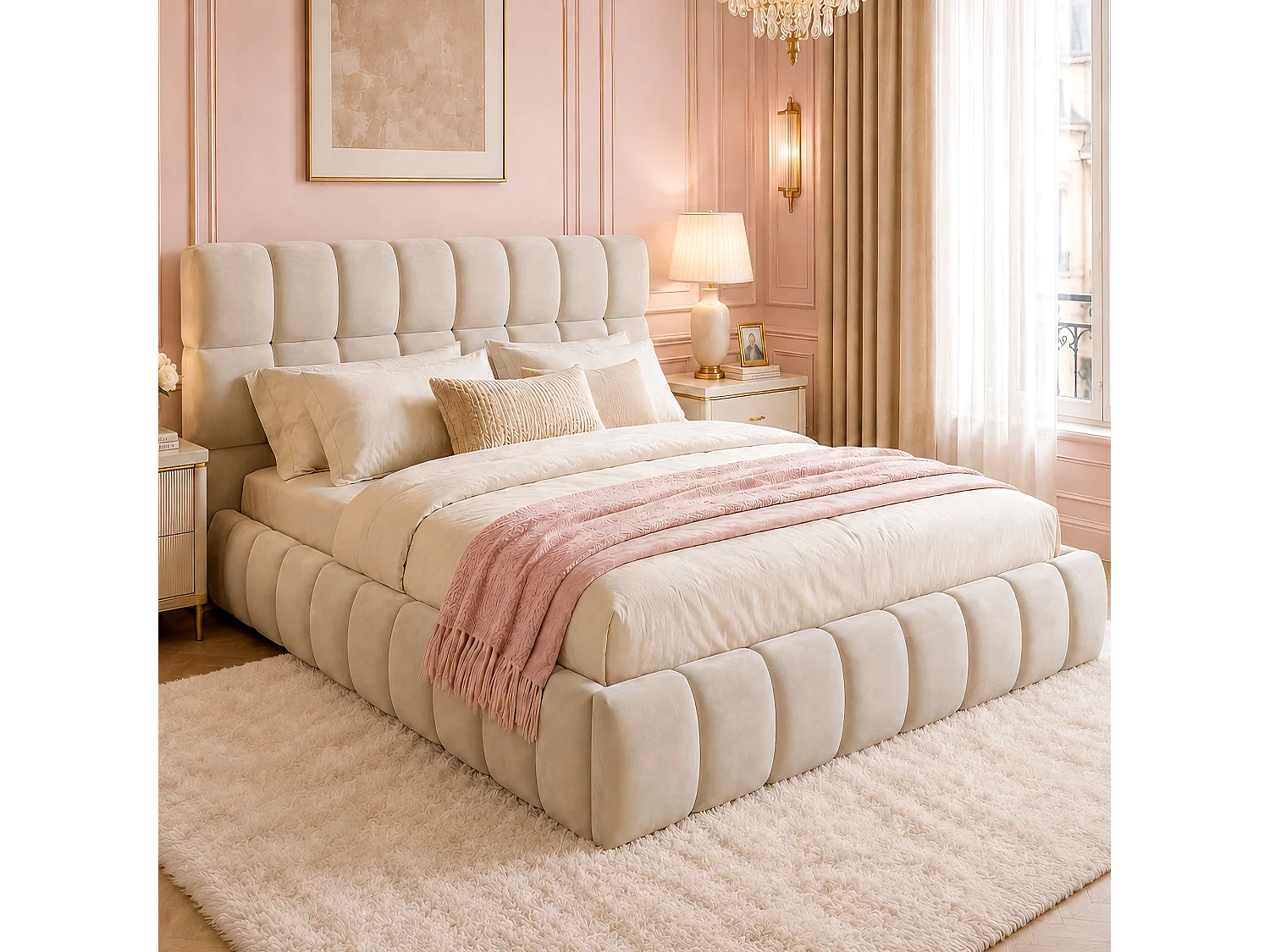 Lit rembourré enfant - 140 x 190 cm - avec dossier moelleux + contour rembourré - velours - beige