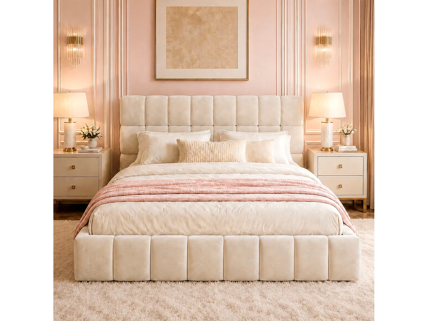 Lit rembourré enfant - 140 x 190 cm - avec dossier moelleux + contour rembourré - velours - beige