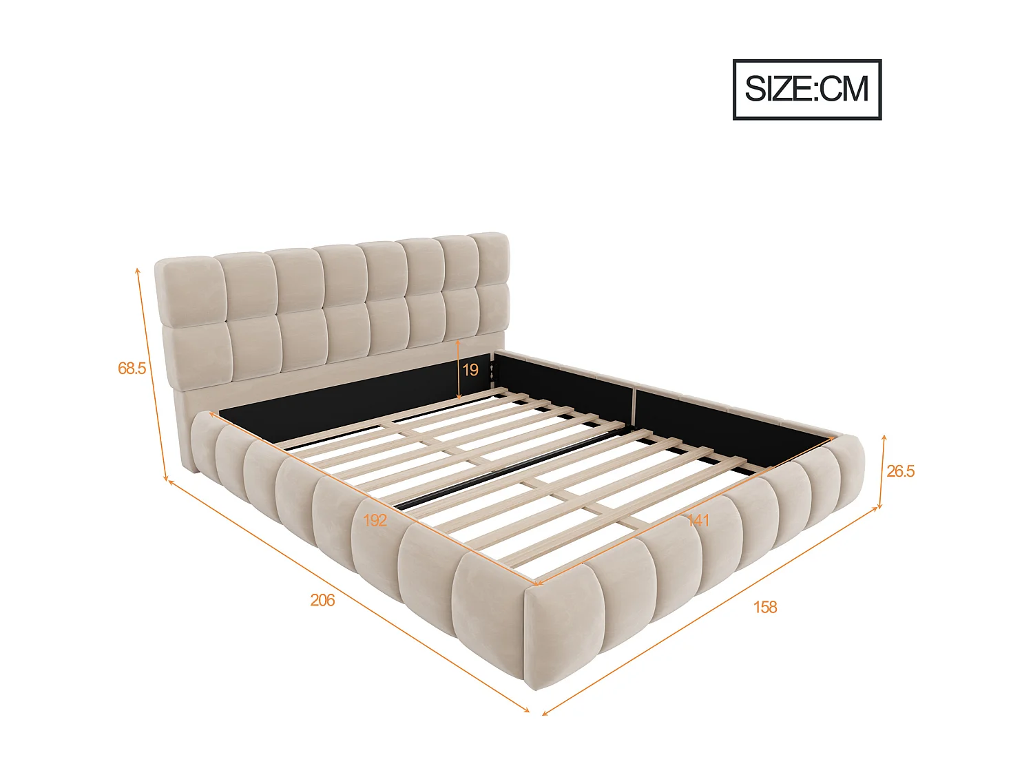 Lit rembourré enfant - 140 x 190 cm - avec dossier moelleux + contour rembourré - velours - beige