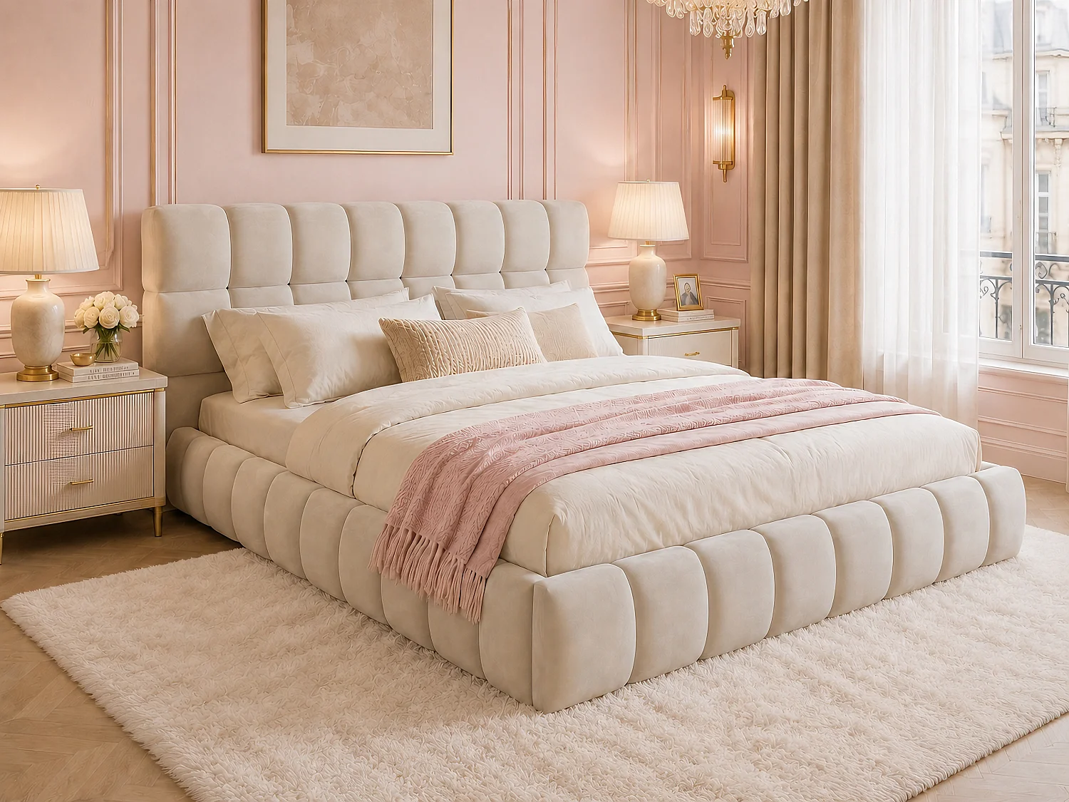 Lit rembourré enfant - 140 x 190 cm - avec dossier moelleux + contour rembourré - velours - beige