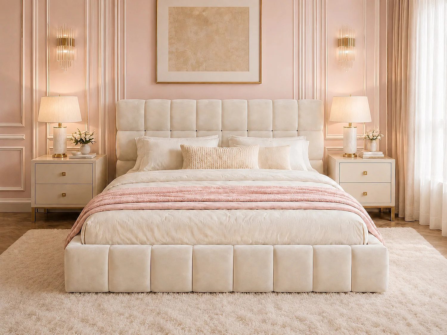 Lit rembourré enfant - 140 x 190 cm - avec dossier moelleux + contour rembourré - velours - beige