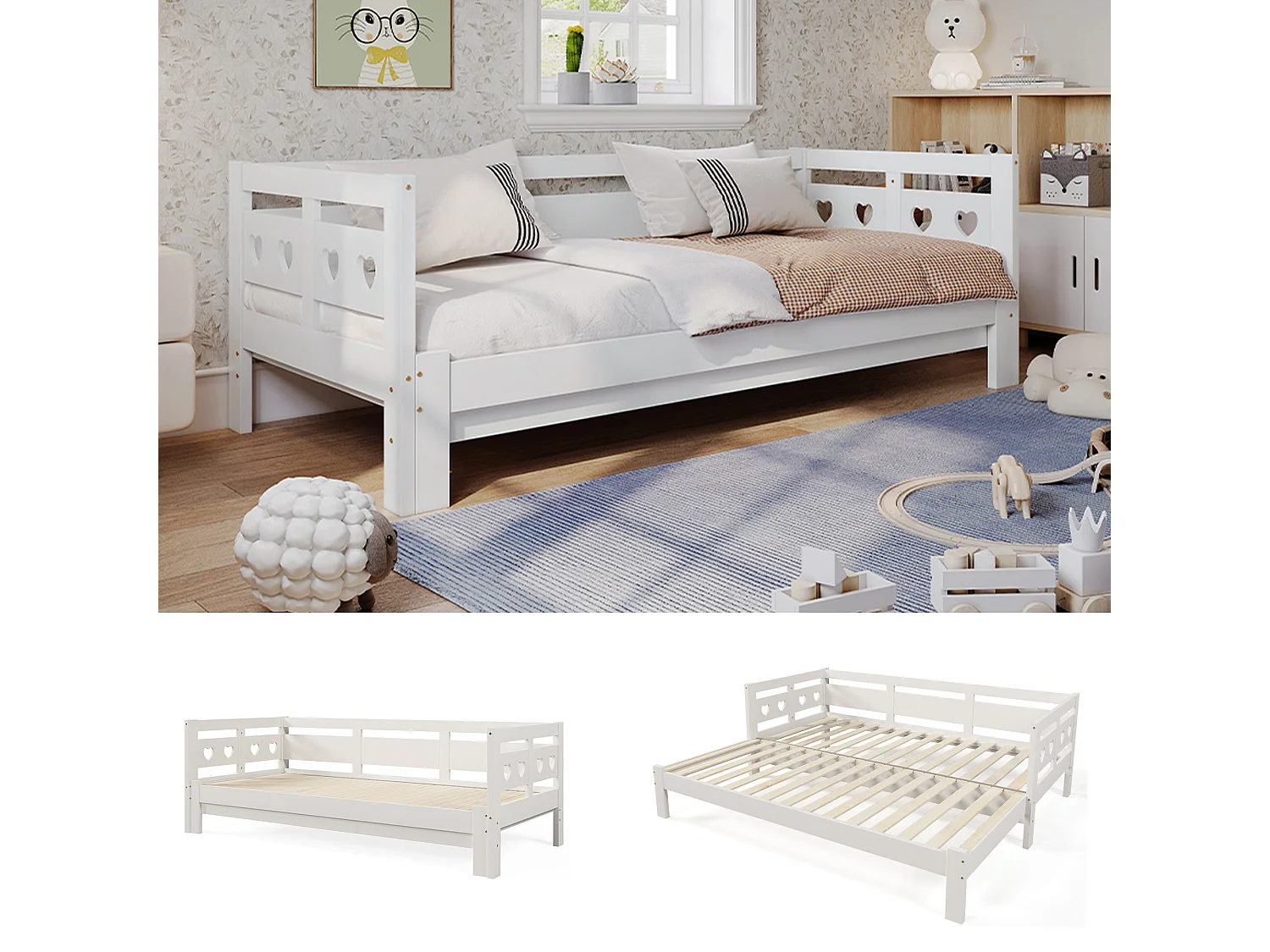 Trundle bed 90 x 190 cm - solid wood - roll-up frame - heart pattern - white