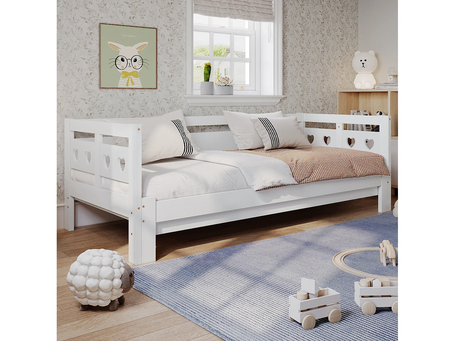 Trundle bed 90 x 190 cm - solid wood - roll-up frame - heart pattern - white