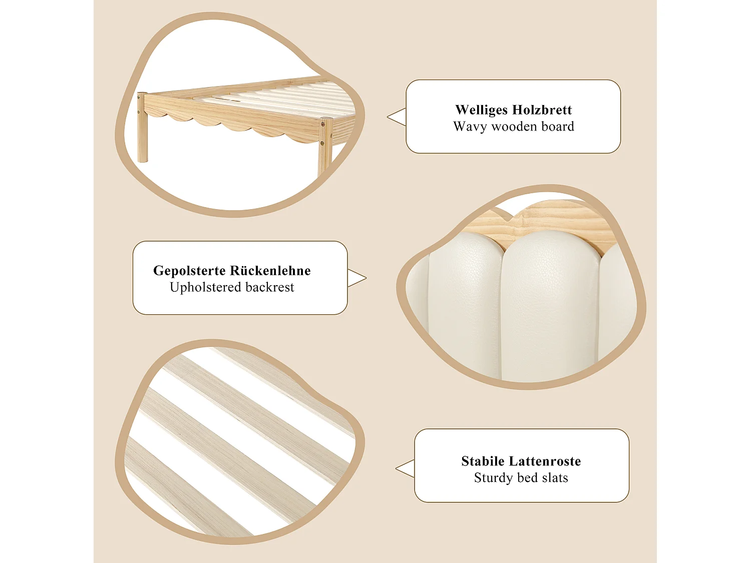 Lit simple enfant capitonné - 90 x 200 cm - avec tête de lit + sommier à lattes - bois massif - beige + naturel