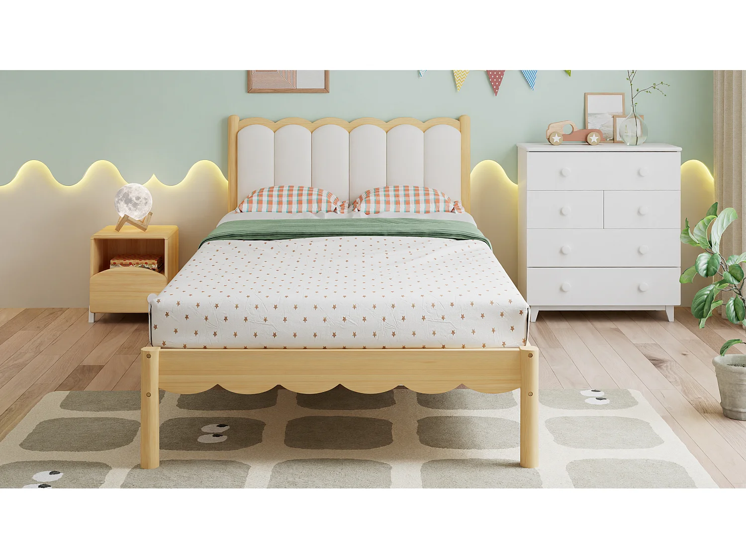 Lit simple enfant capitonné - 90 x 200 cm - avec tête de lit + sommier à lattes - bois massif - beige + naturel