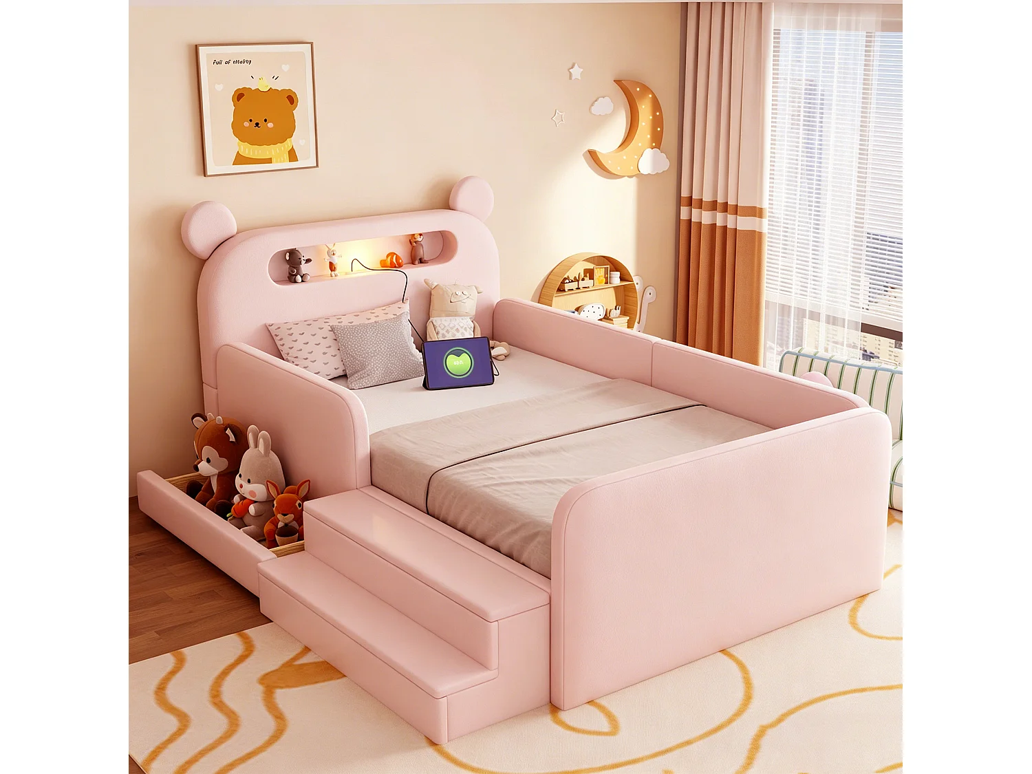 Lit enfant capitonné - 90 x 200 cm - avec tête de lit + veilleuse + USB + tiroir + siège marchepied - faux cuir - rose