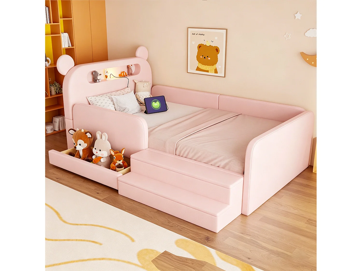 Lit enfant capitonné - 90 x 200 cm - avec tête de lit + veilleuse + USB + tiroir + siège marchepied - faux cuir - rose