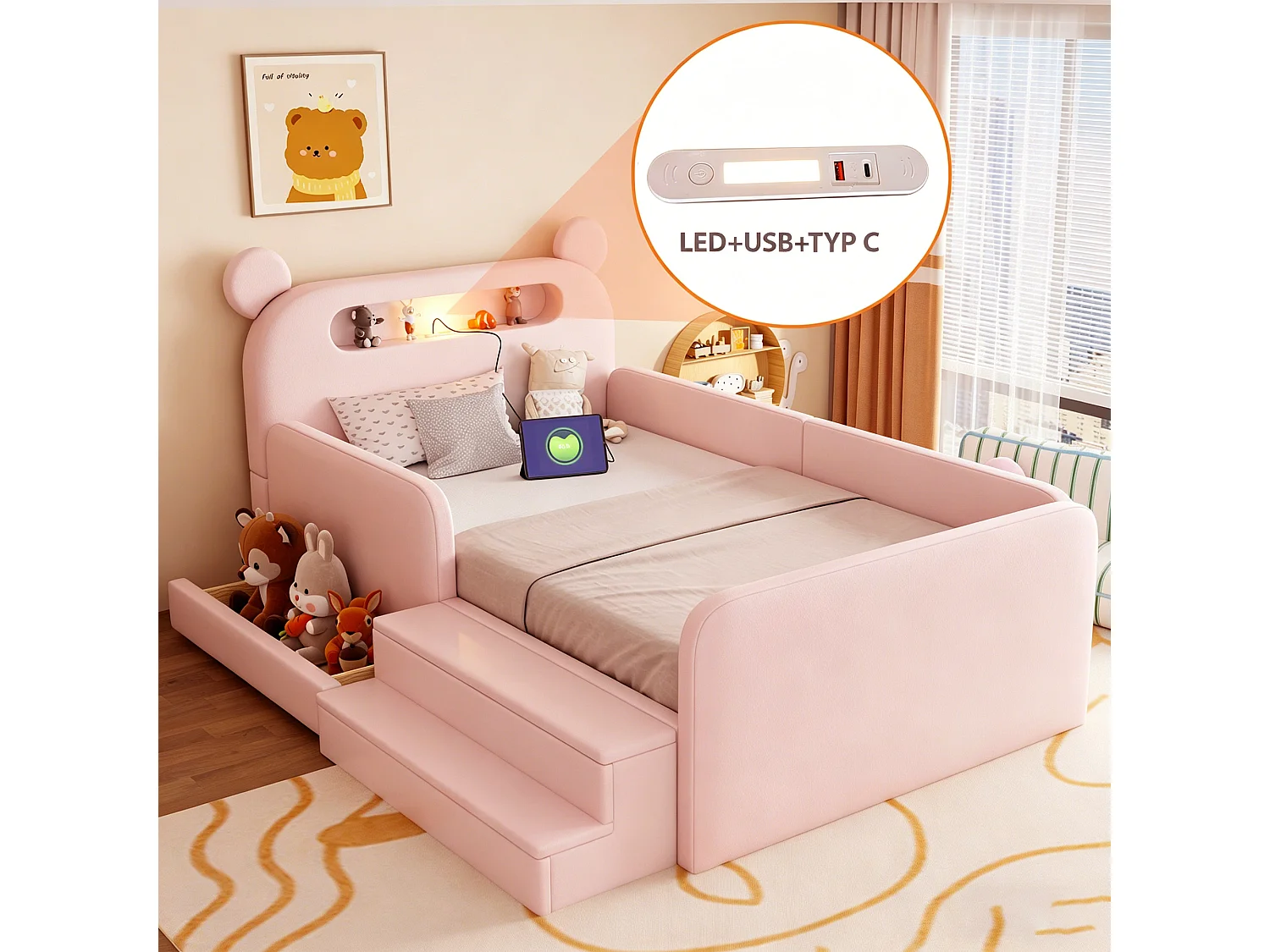Lit enfant capitonné - 90 x 200 cm - avec tête de lit + veilleuse + USB + tiroir + siège marchepied - faux cuir - rose