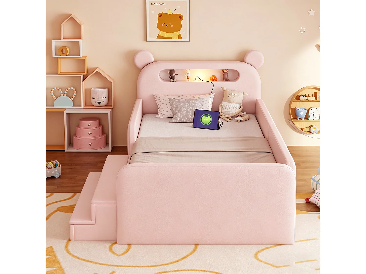 Lit enfant capitonné - 90 x 200 cm - avec tête de lit + veilleuse + USB + tiroir + siège marchepied - faux cuir - rose