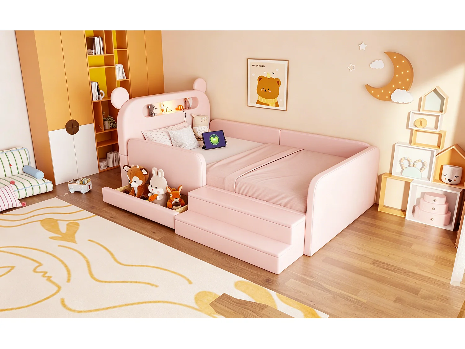 Lit enfant capitonné - 90 x 200 cm - avec tête de lit + veilleuse + USB + tiroir + siège marchepied - faux cuir - rose
