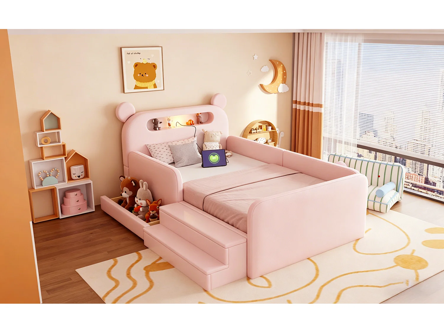 Lit enfant capitonné - 90 x 200 cm - avec tête de lit + veilleuse + USB + tiroir + siège marchepied - faux cuir - rose