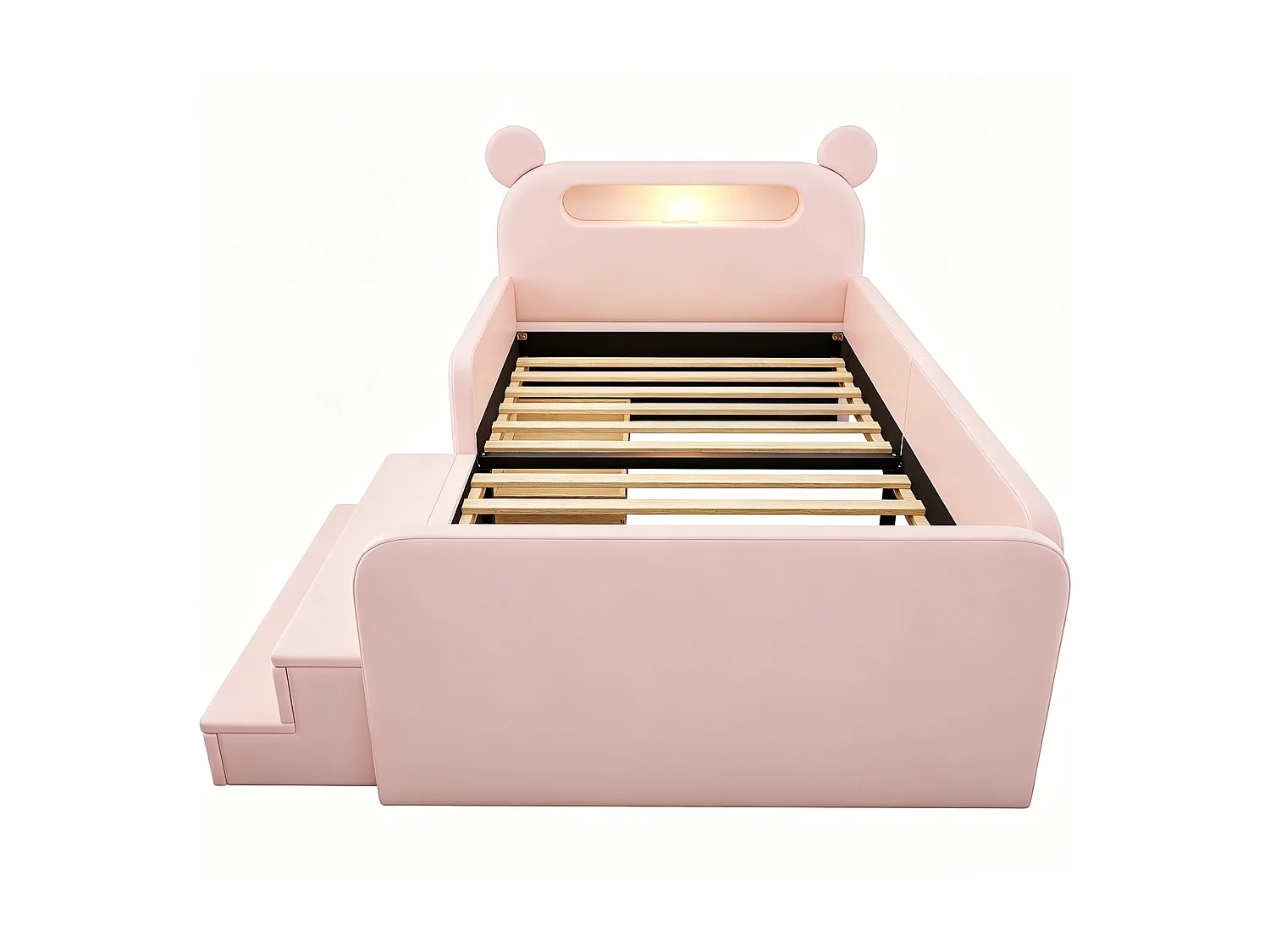 Lit enfant capitonné - 90 x 200 cm - avec tête de lit + veilleuse + USB + tiroir + siège marchepied - faux cuir - rose
