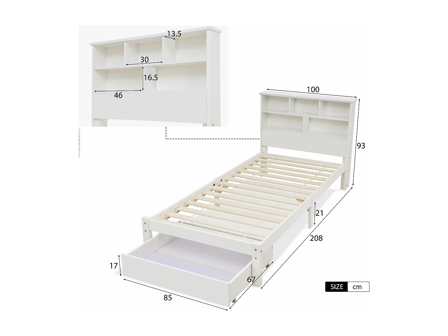 Bed with storage headboard and drawer - 90 x 190 cm - solid wood - white