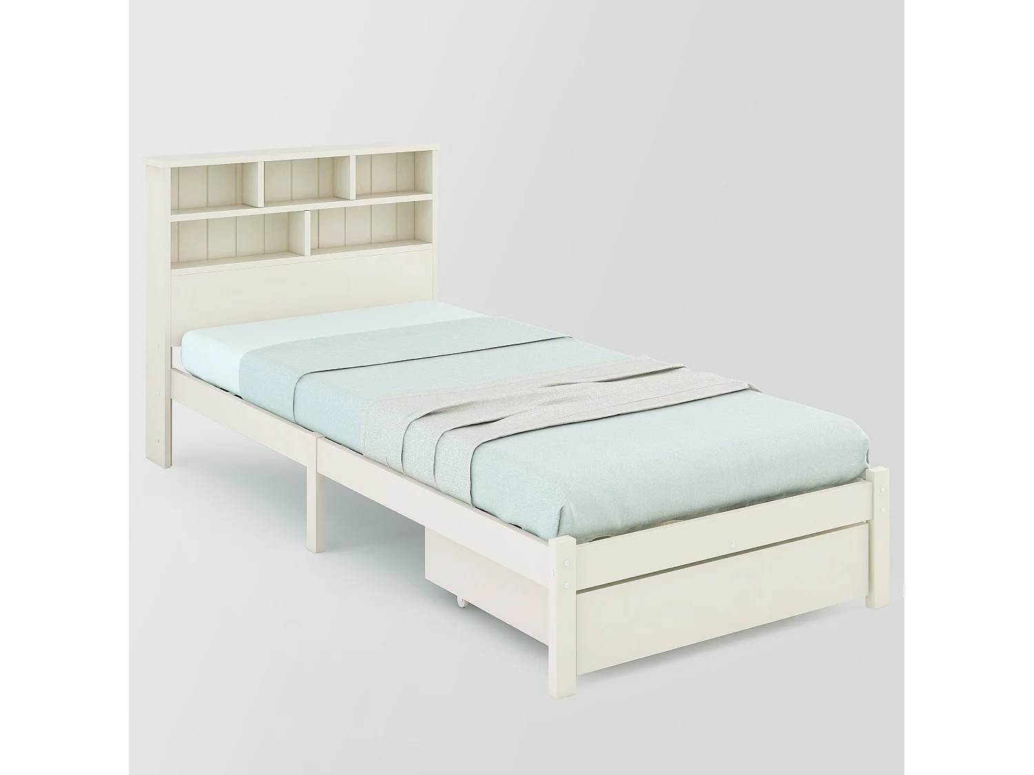 Bed with storage headboard and drawer - 90 x 190 cm - solid wood - white