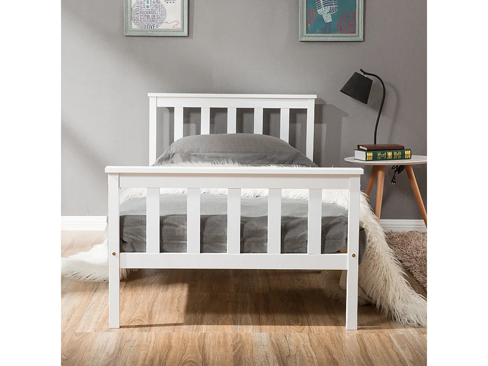 Single flat bed - 90 x 190 cm - with headboard + slatted base - pine - white