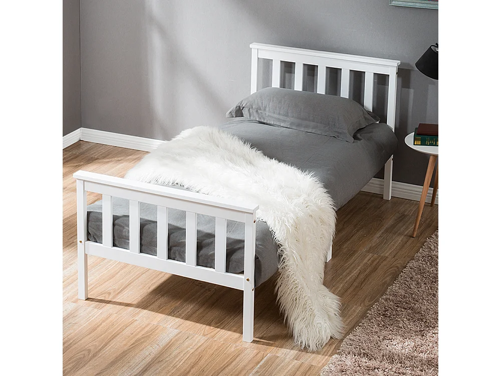 Single flat bed - 90 x 190 cm - with headboard + slatted base - pine - white