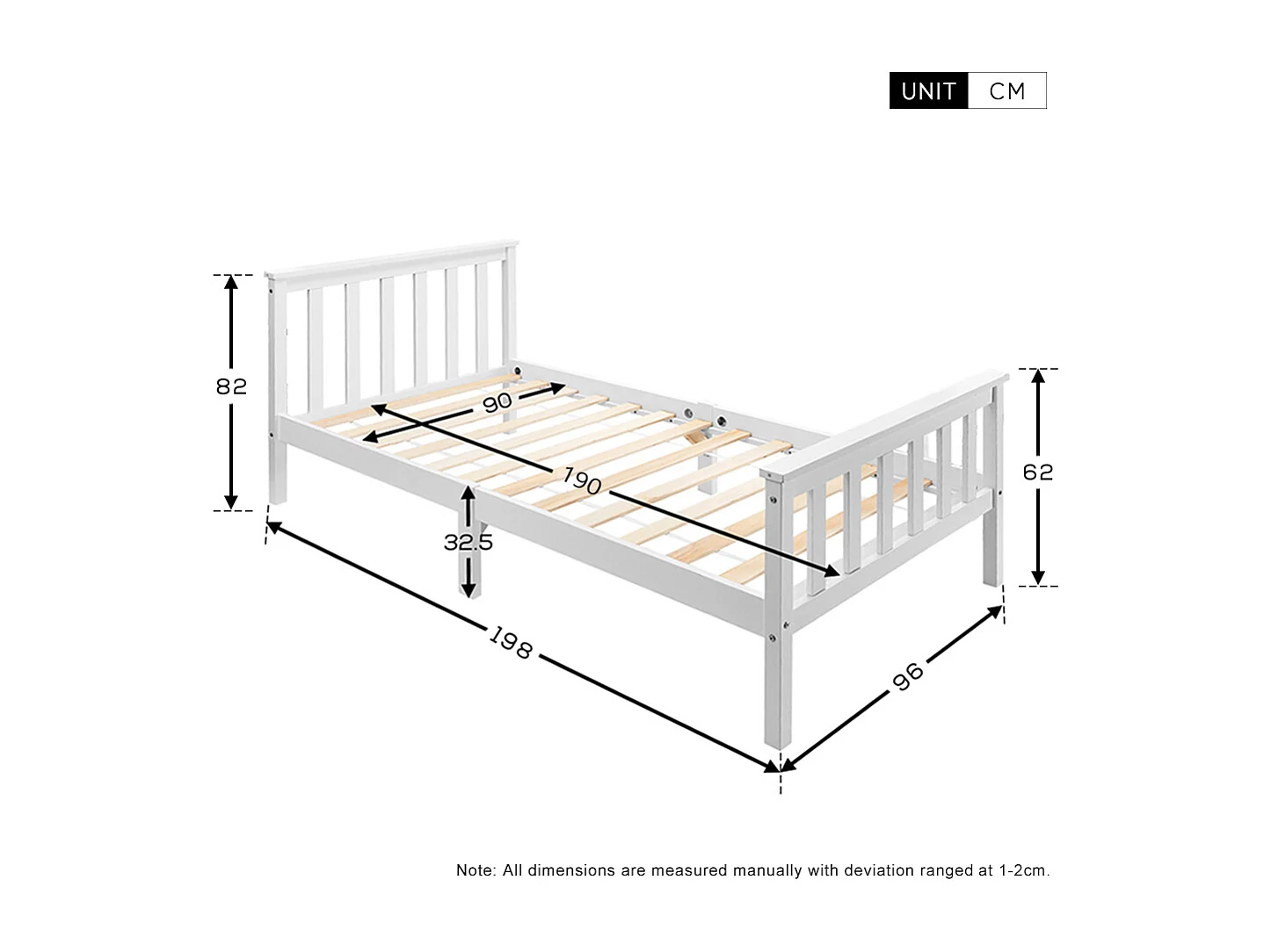 Single flat bed - 90 x 190 cm - with headboard + slatted base - pine - white