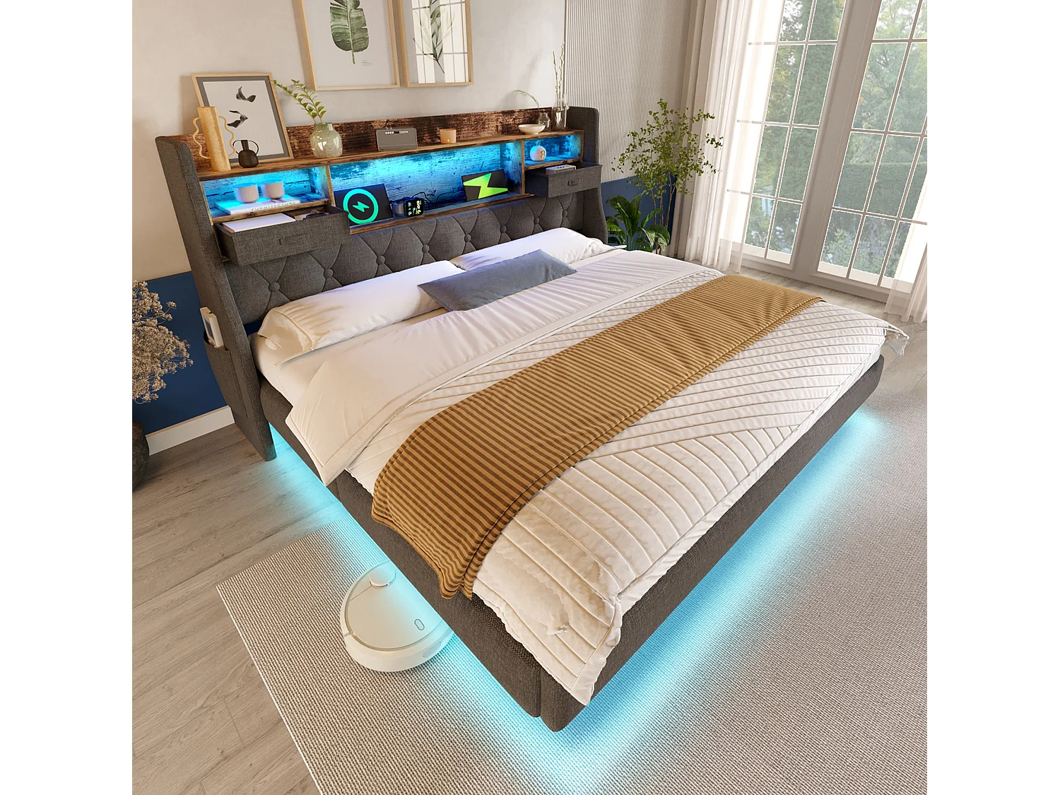 Upholstered double bed - 150 x 200 cm - with LEDs + charging station + storage headboard - linen - grey