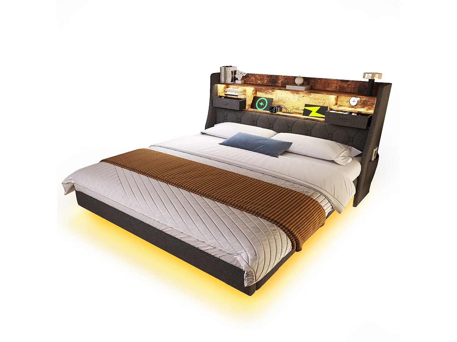 Upholstered double bed - 150 x 200 cm - with LEDs + charging station + storage headboard - linen - grey