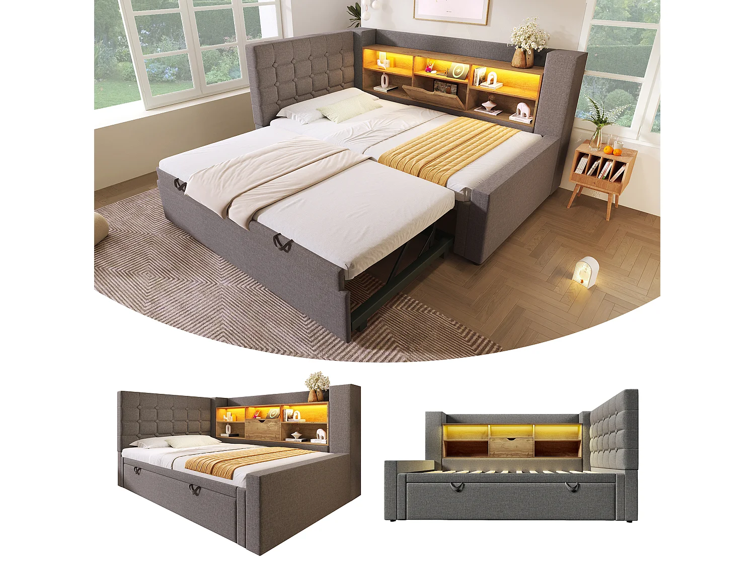 Upholstered bed 90 x 190 cm with pull-out bed 90 x 190 cm - with LEDs + storage headboard - linen - grey
